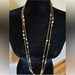 💚 Beautiful Multi Strand Beaded Greens & Gold 34” Long Necklace